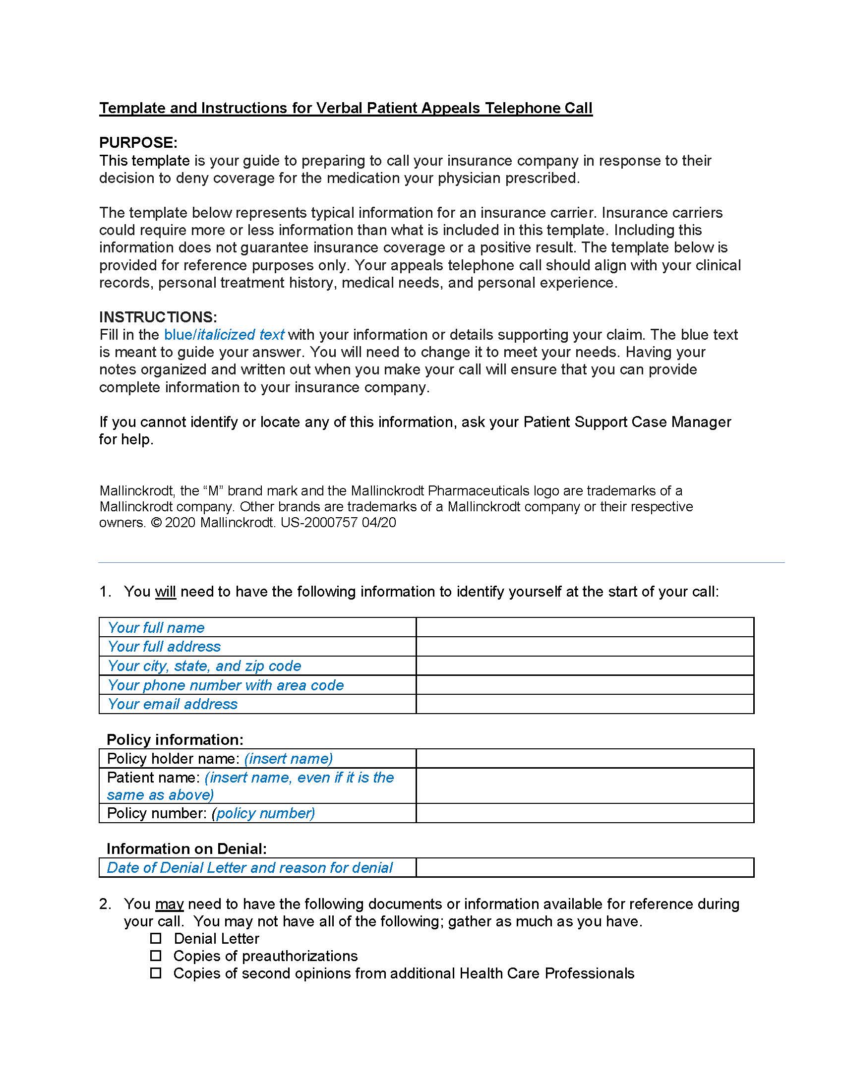Get the patient appeals verbal template