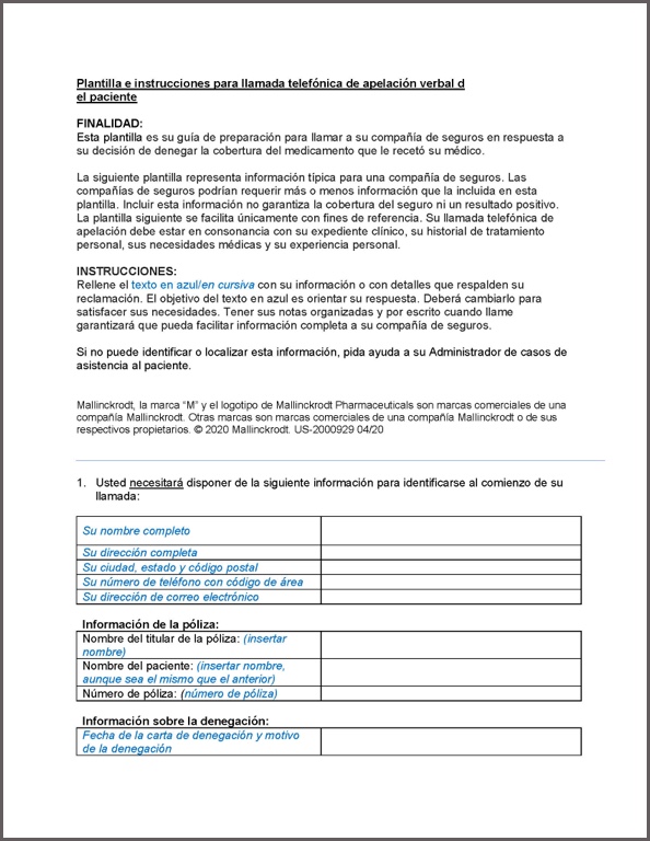 Get the patient appeals verbal template (Spanish)